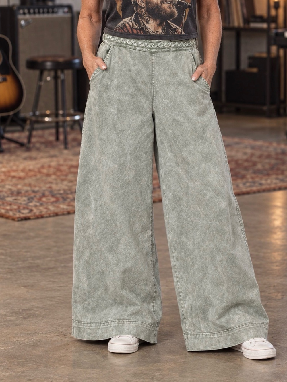 C&C California Mineral-Washed High-Wausted Sage Green Wide-Leg Pants